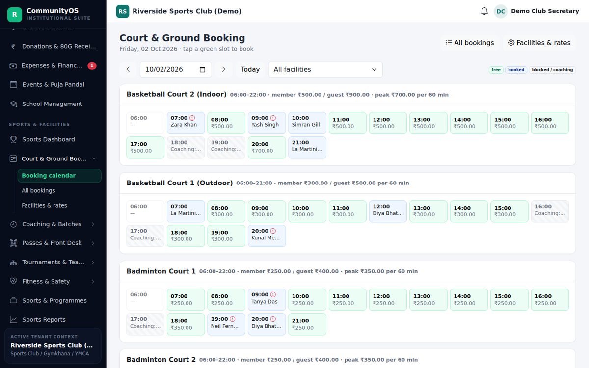 Court and ground booking calendar