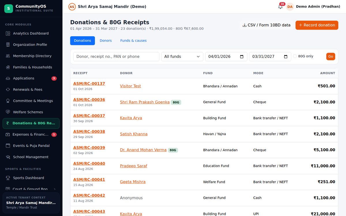 Donations and 80G receipts screen