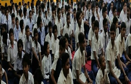 Students at a co-curricular assembly, Raghumal Arya Vidyalaya
