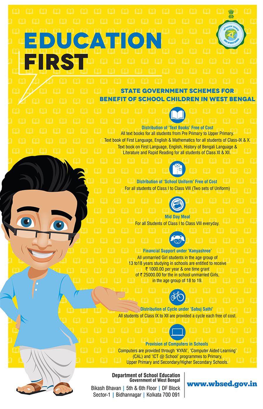 West Bengal Department of School Education poster: state government schemes for school children, including free textbooks, free uniforms, mid-day meal, Kanyashree, Sabuj Sathi cycles, and computers in schools