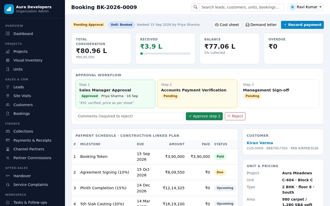 Bookings & approvals screen
